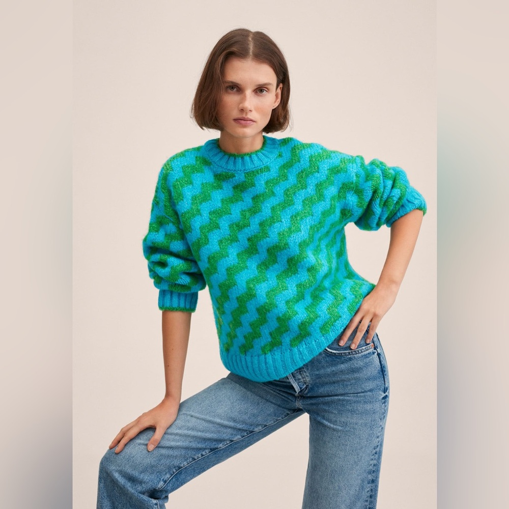 Mango MNG • bright blue green oversized striped knit sweater - Picture 10 of 11